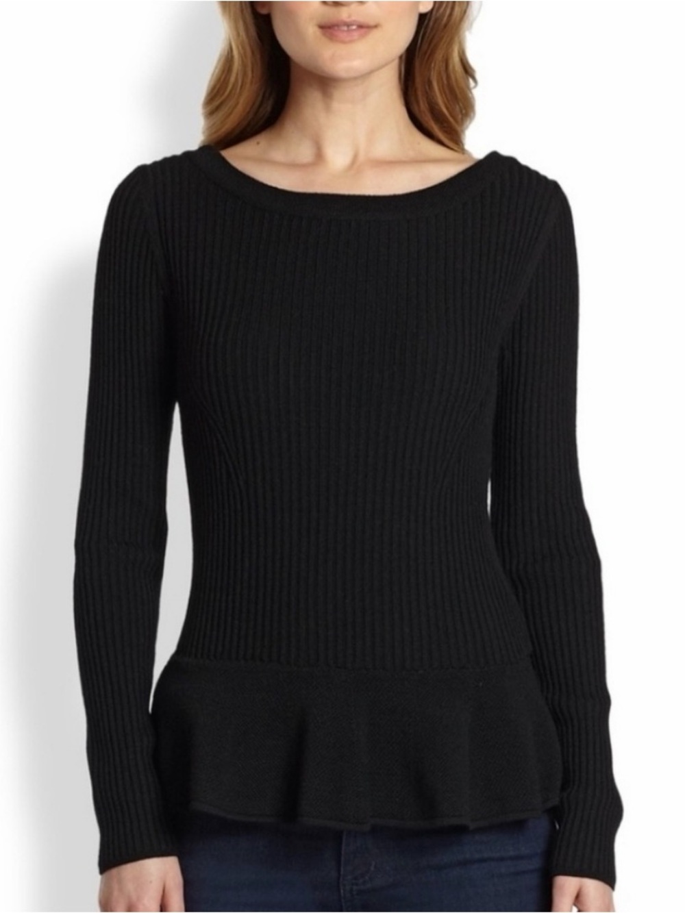 Black Ribbed Peplum Sweater - Women